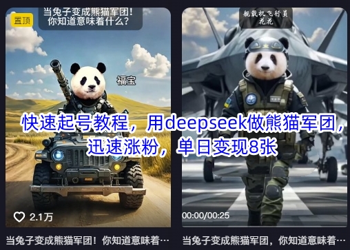 快速起号教程，用deepseek做熊猫军团，迅速涨粉，单日变现8张-知识创作