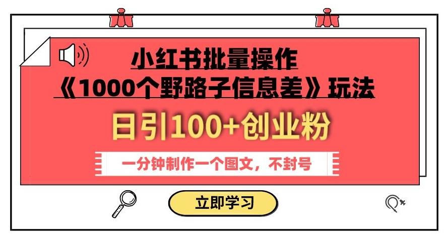 小红书批量操作《1000个野路子信息差》玩法，一分钟制作一个图文，不封号，日引100+创业粉-知识创作