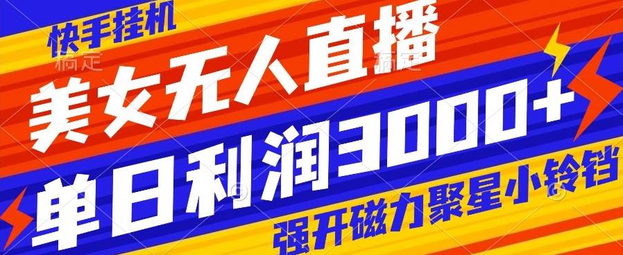 快手挂机，美女无人直播，强开磁力聚星小铃铛，日入3000+-知识创作